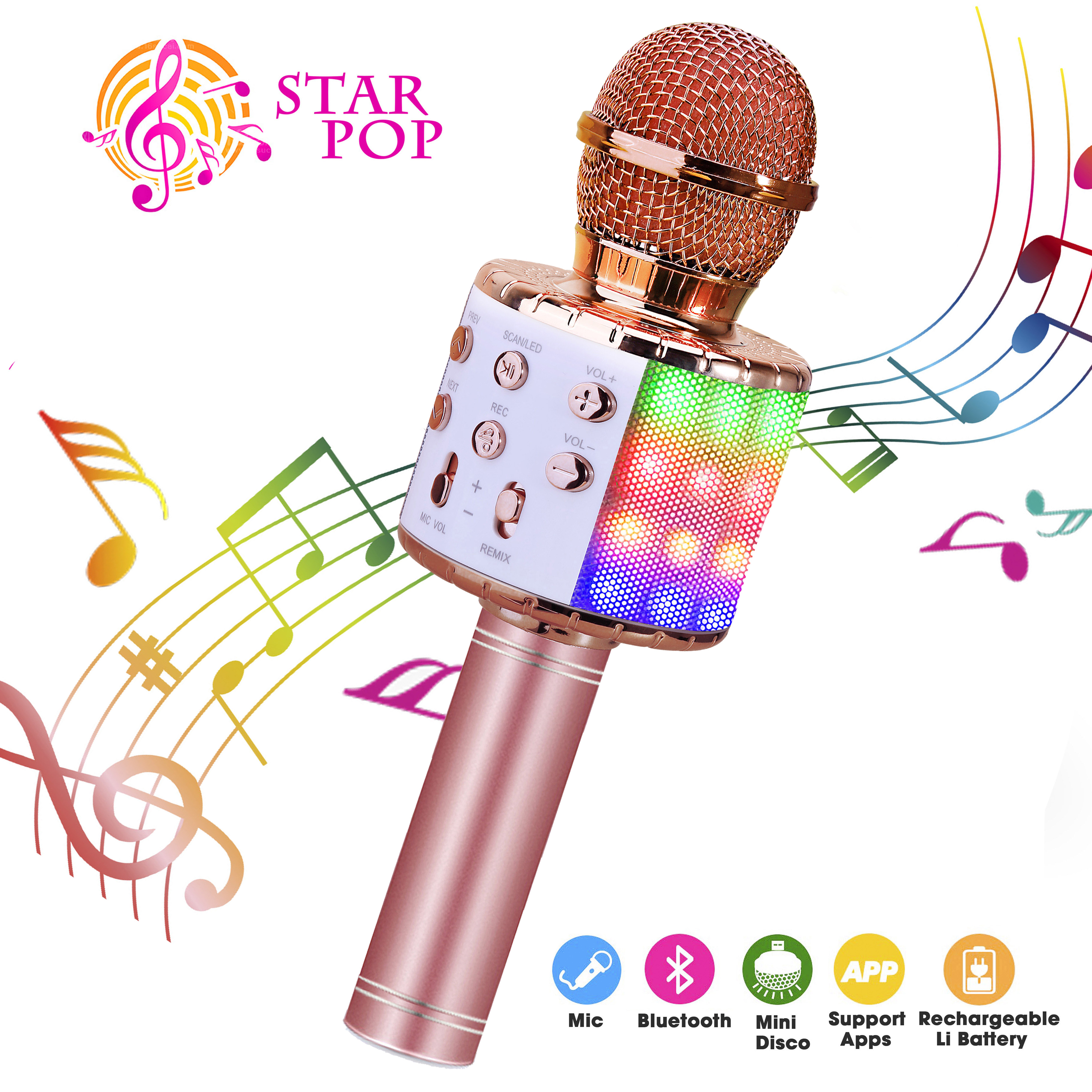 BlueFire 4 in 1 Bluetooth Handheld Wireless Karaoke Microphone Portable Speaker Machine Home KTV Player with Record Function for Android & iOS Devices(Pink)