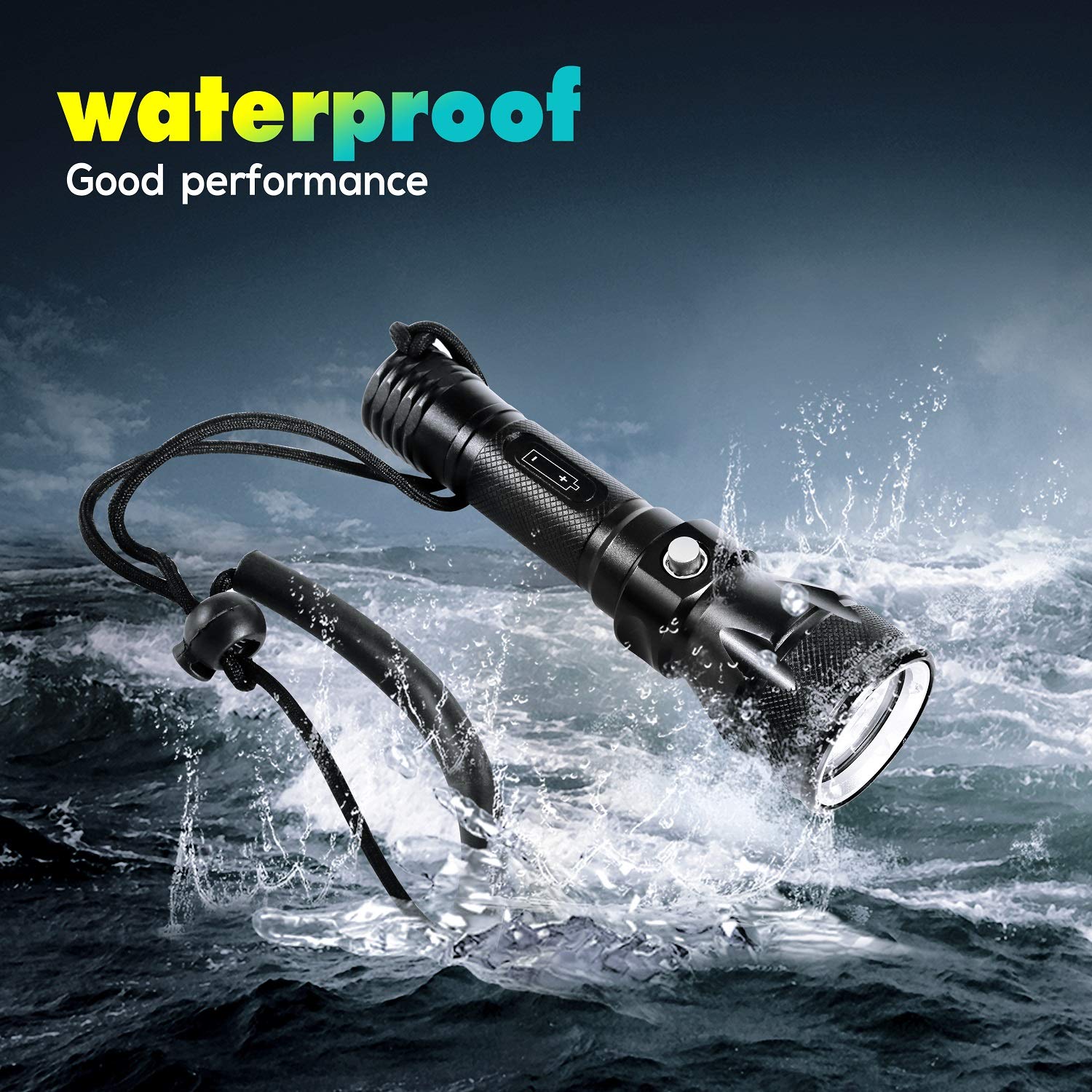 Black BlueFire Diving Torch 1200 Lumen XM-L2 LED Bright Professional Scuba Flashlight Safety Lights with Hand Strap /& Lanyard